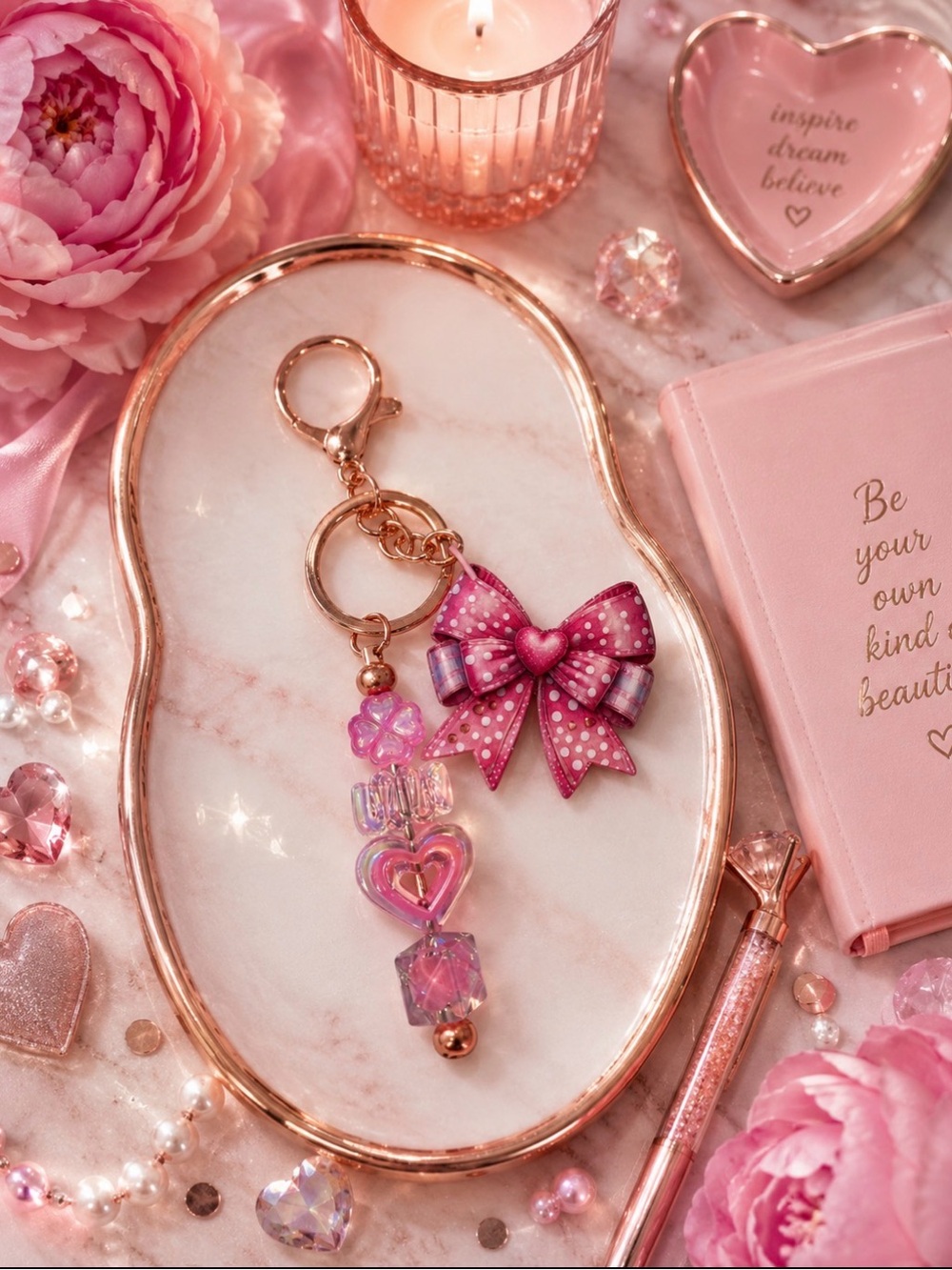 Handmade Beaded Pink Bow Keychain